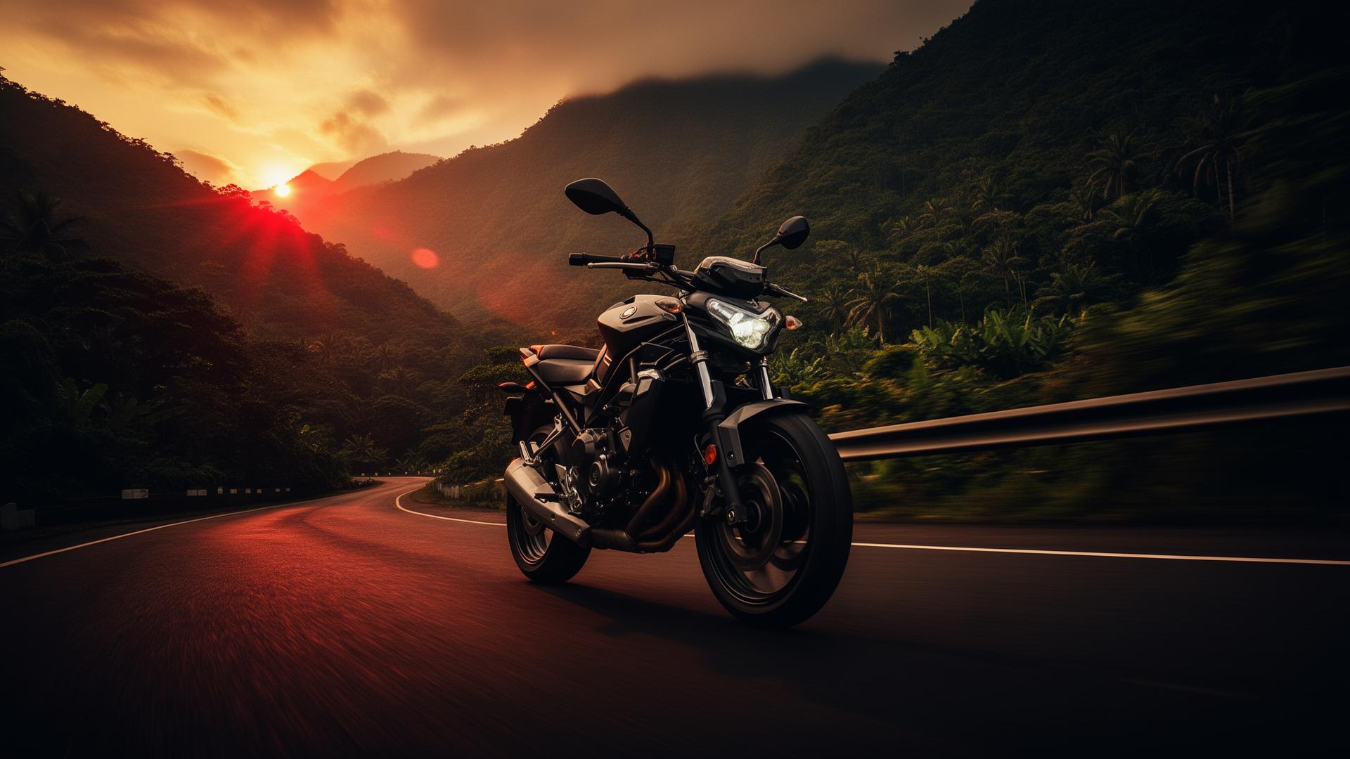 Moto rodando por carretera colombiana al atardecer